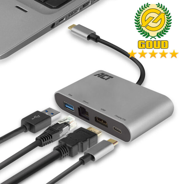 Hub USB-C 4K con HDMI. USB-A. Gigabit Ethernet y USB-C con paso de PD de 60 W Carcasa Aluminio - 0.15m