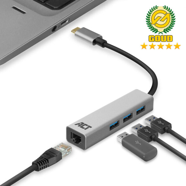Hub USB-C + Adaptador Ethernet 3x USB A. Puerto de red Gigabit - 0.15m