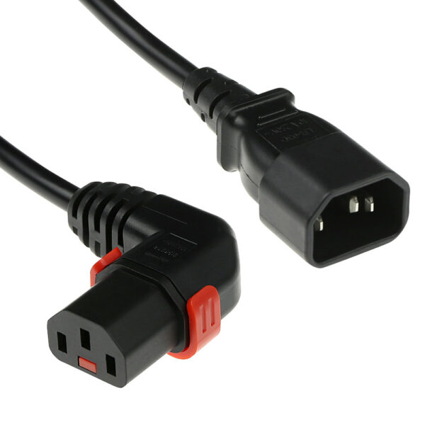 IEC Lock Cable de alimentación de 230 V C14 a C13 (angulado derecha) bloqueable. Negro - 1m