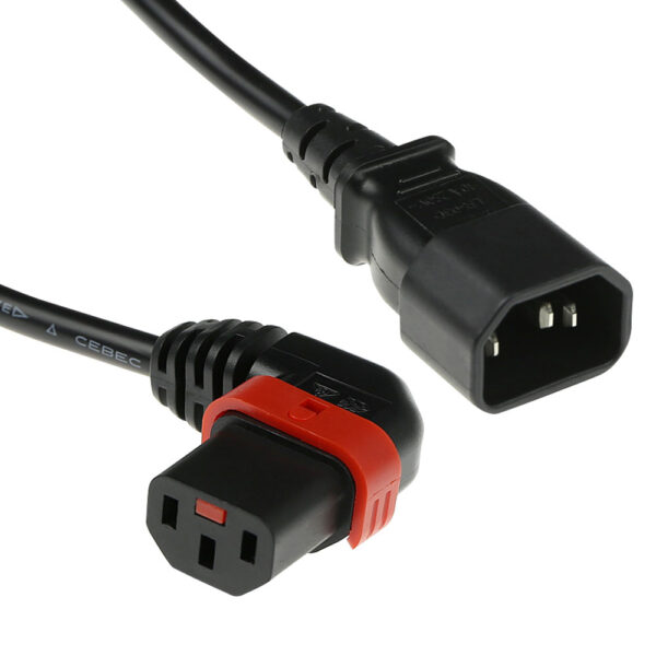 IEC Lock Cable de alimentación de 230 V C14 a C13 (angulado izquierda) bloqueable. Negro - 2m
