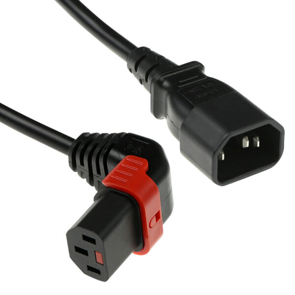 IEC Lock Cable de alimentación de 230 V C14 a C13 (angulado superior) bloqueable. Negro - 1m