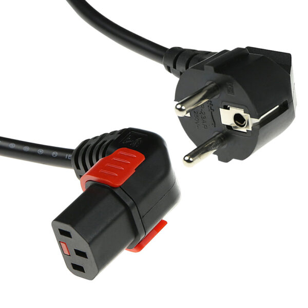 IEC Lock Cable de alimentación de 230 V CEE 7/7 Macho (angulado) a C13 (angulado) bloqueable. Negro - 1m