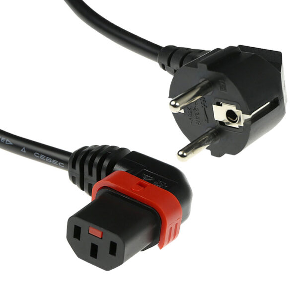 IEC Lock Cable de alimentación de 230 V CEE 7/7 Macho (angulado) a C13 (angulado) bloqueable. Negro - 3m