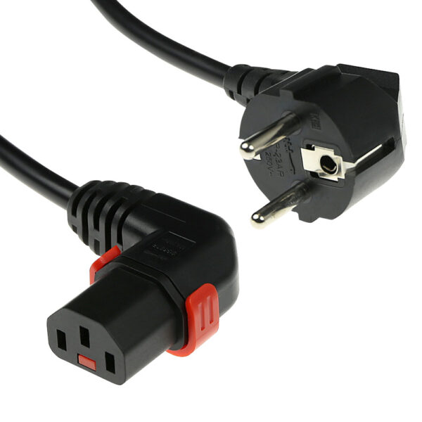 IEC Lock Cable de alimentación de 230 V CEE 7/7 Macho (angulado) a C13 (angulado derecha) bloqueable. Negro - 1m