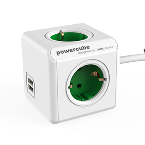 Regleta PowerCube. blanca y verde. de 4 tomas + USB
